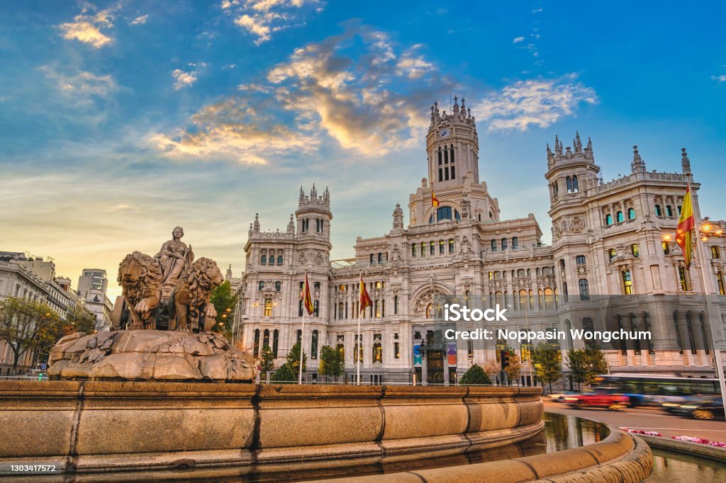 Madrid Spain, sunrise city skyline at Cibeles Fountain Town Square